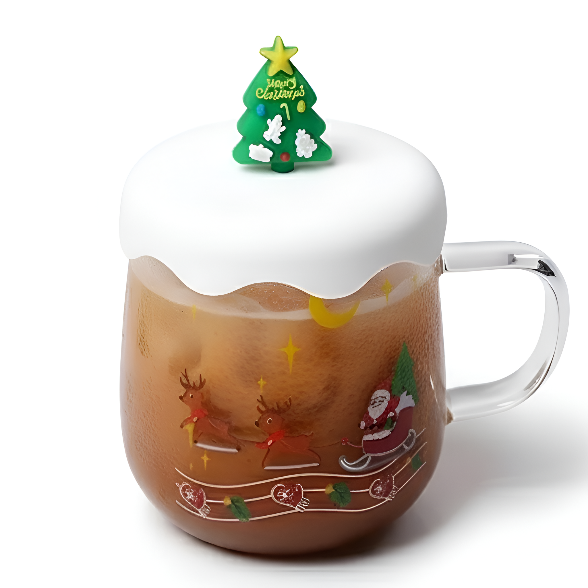 Christmas Themed Glass Cup With Snowman And Tree Lid