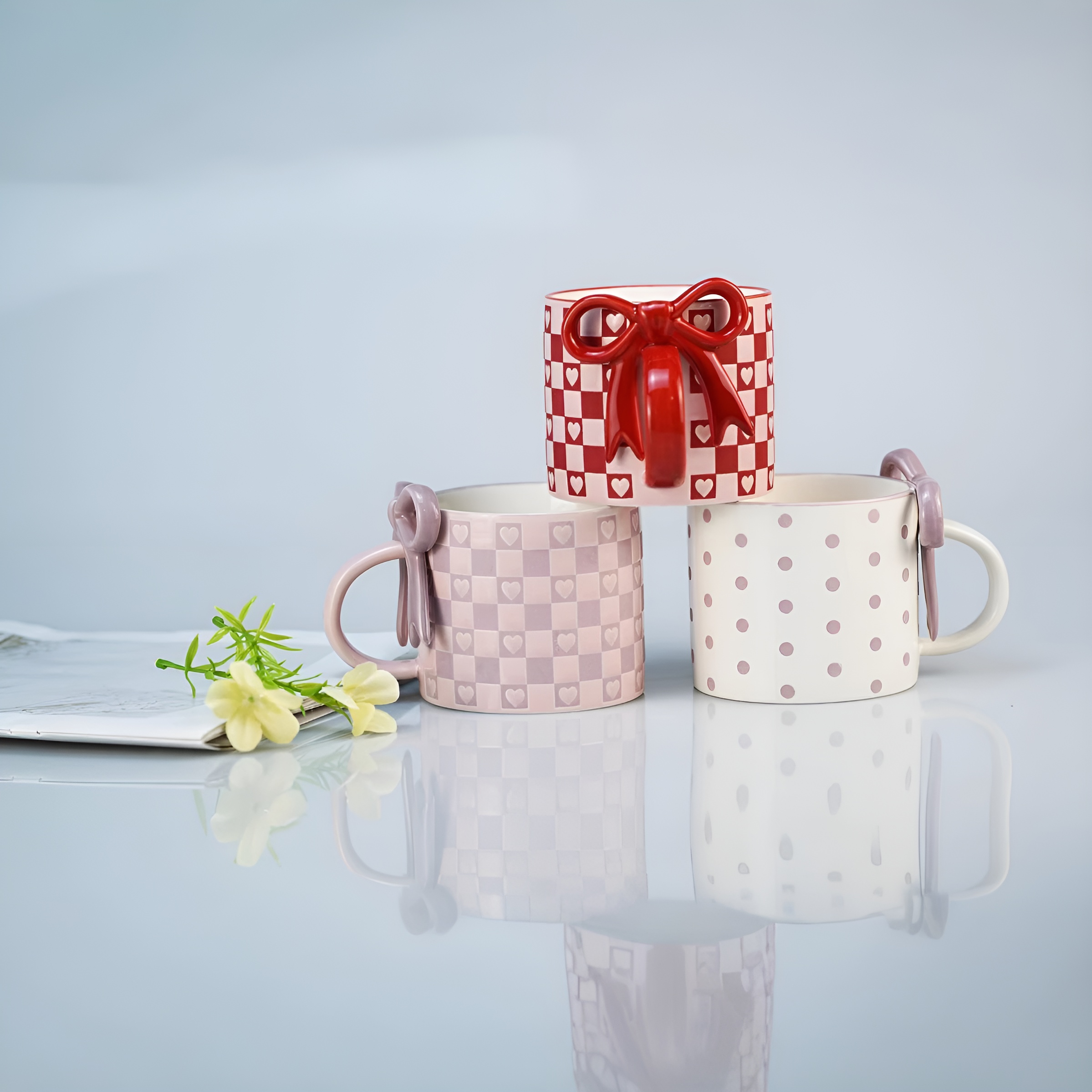 Bow Detail Ceramic Coffee Mug With Decorative Handle