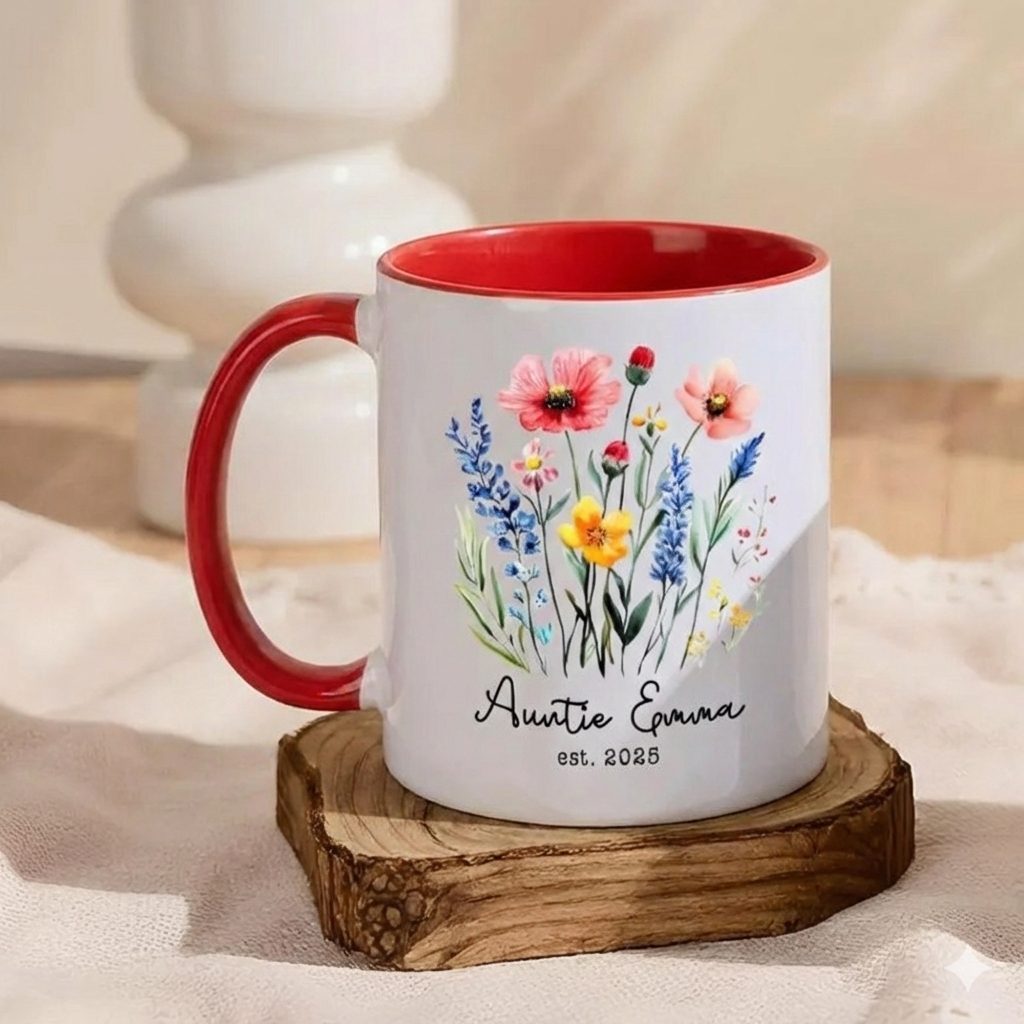 Personalized New Auntie Gift, Custom Floral Glass Coffee Mug with Name