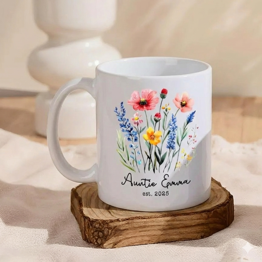 Personalized New Auntie Gift, Custom Floral Glass Coffee Mug with Name