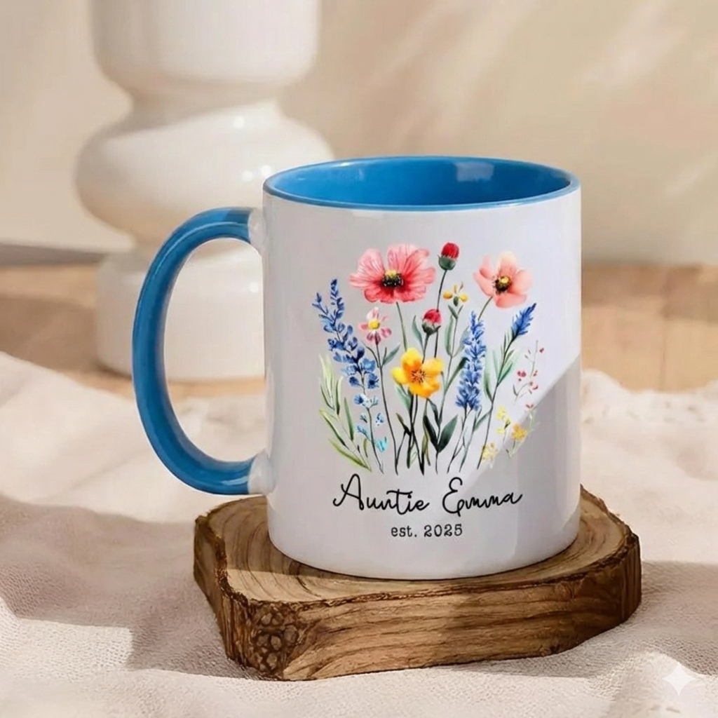 Personalized New Auntie Gift, Custom Floral Glass Coffee Mug with Name