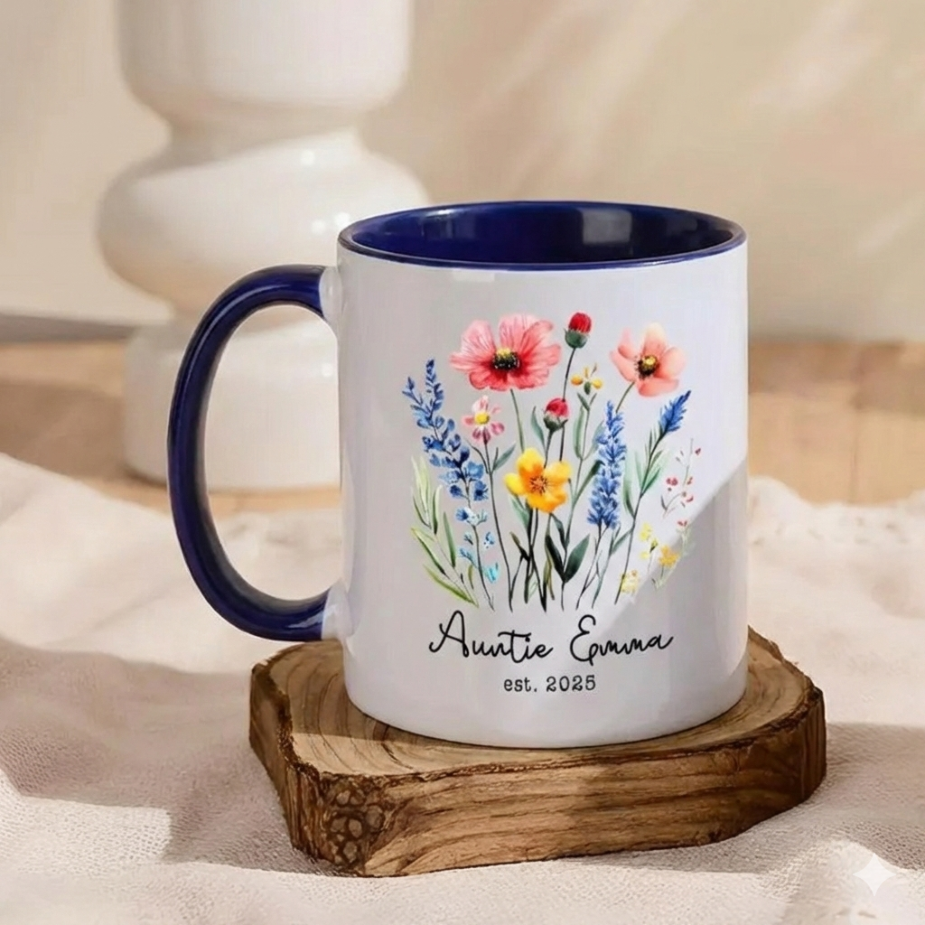 Personalized New Auntie Gift, Custom Floral Glass Coffee Mug with Name