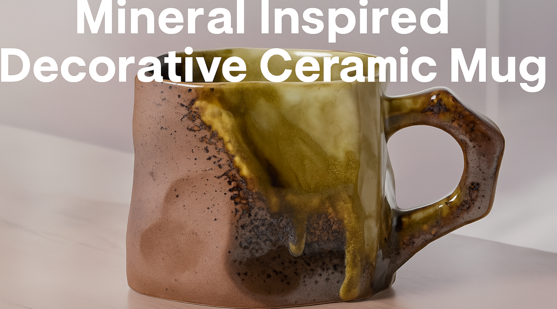 A handcrafted ceramic mug with a mineral-inspired glaze, featuring earthy tones and a glossy finish, displayed against a neutral background.