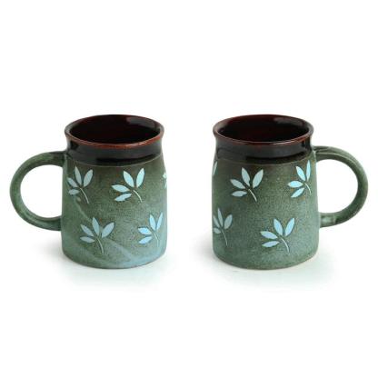 2 Set Leaf Pattern Ceramic Mugs - Handmade and Stylish-Mineral Mug