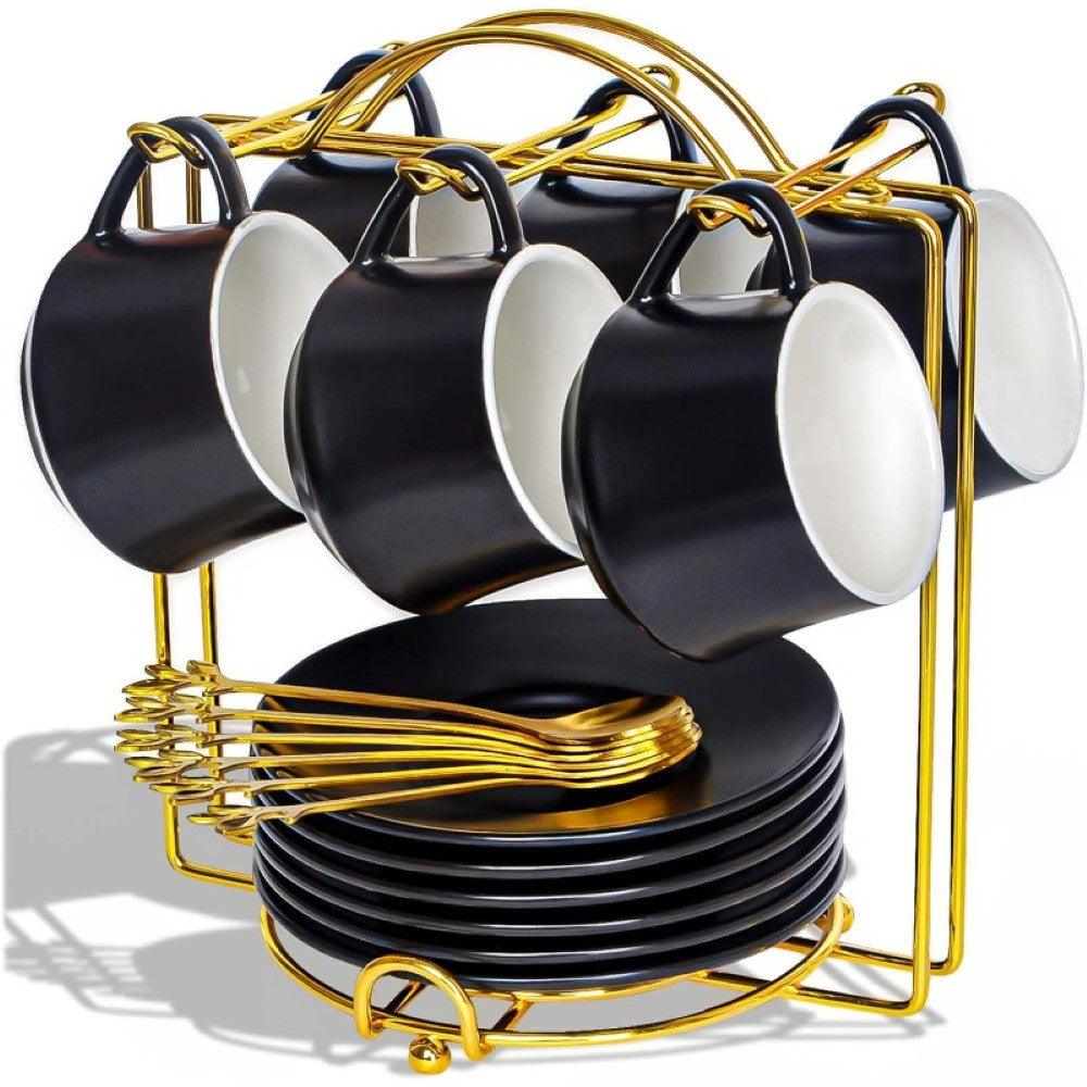 6 Set Porcelain Espresso Cups - With Saucers And Metal Stand-Mineral Mug