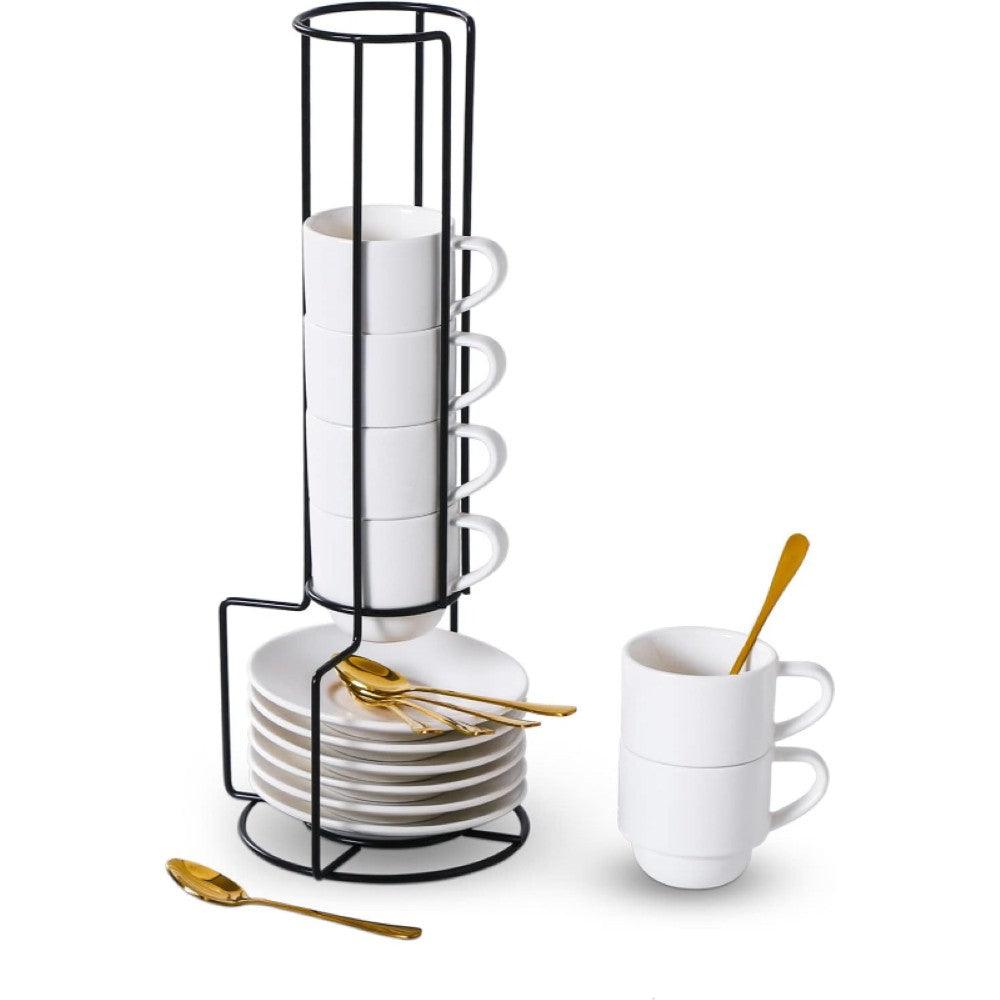 4 Set Porcelain Espresso Cups - With Saucers and Metal Stand-Mineral Mug