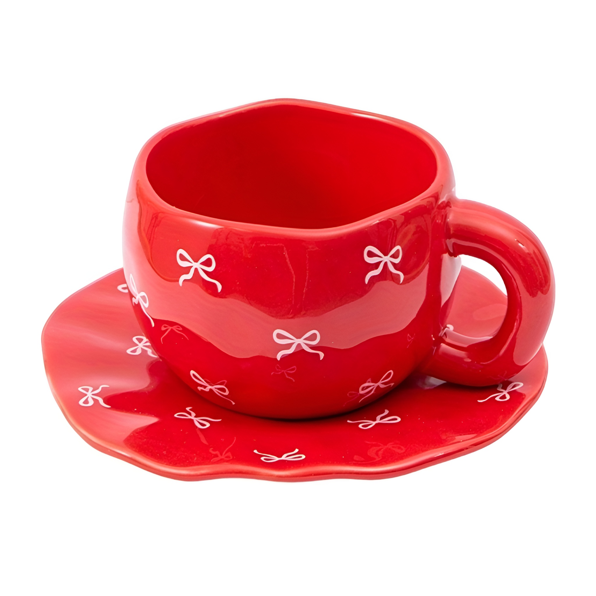 Printed Ceramic Coffee Cup With Irregular Shape And Saucer