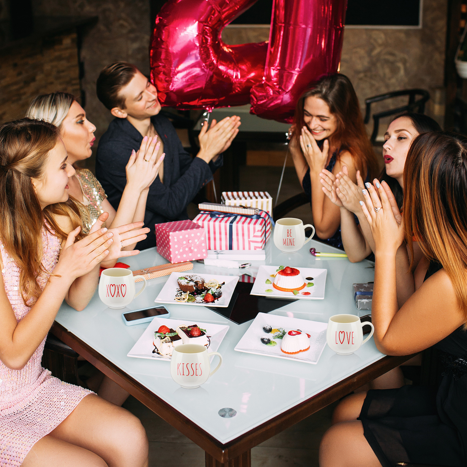 Set Of 6 Valentine Theme Letter Print Ceramic Coffee Mug Set