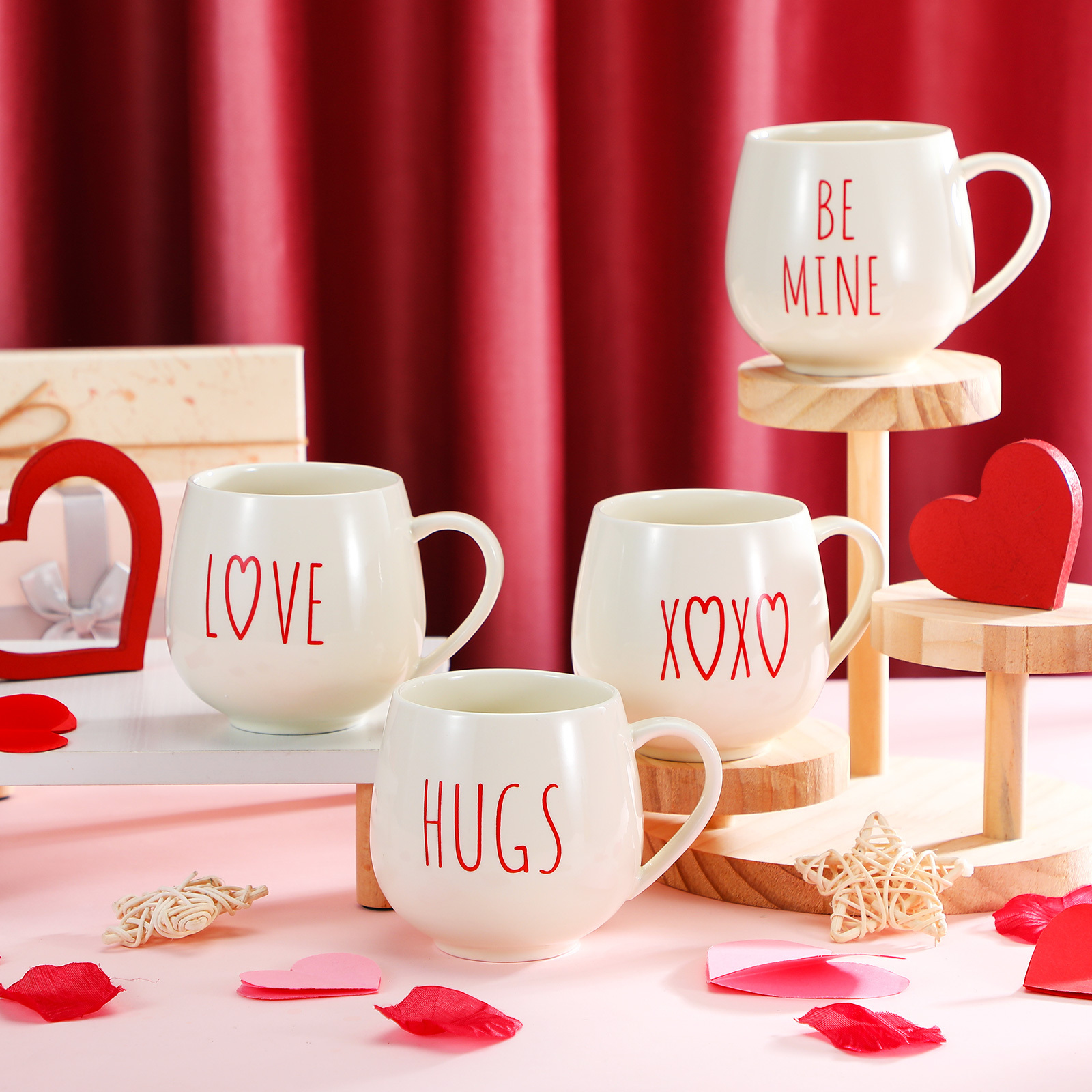 Set Of 6 Valentine Theme Letter Print Ceramic Coffee Mug Set