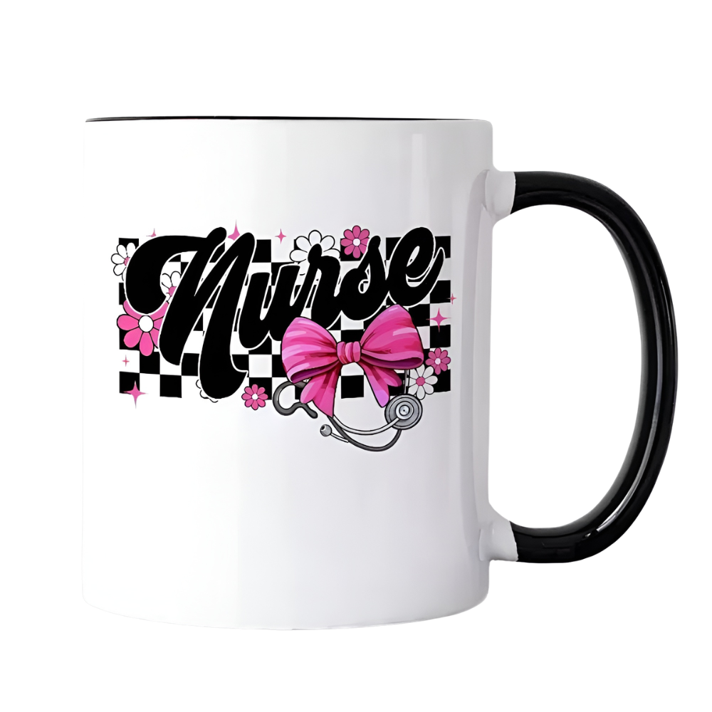 Nurse Text Printed 12 Oz Coffee Mug With Floral Bow Design 