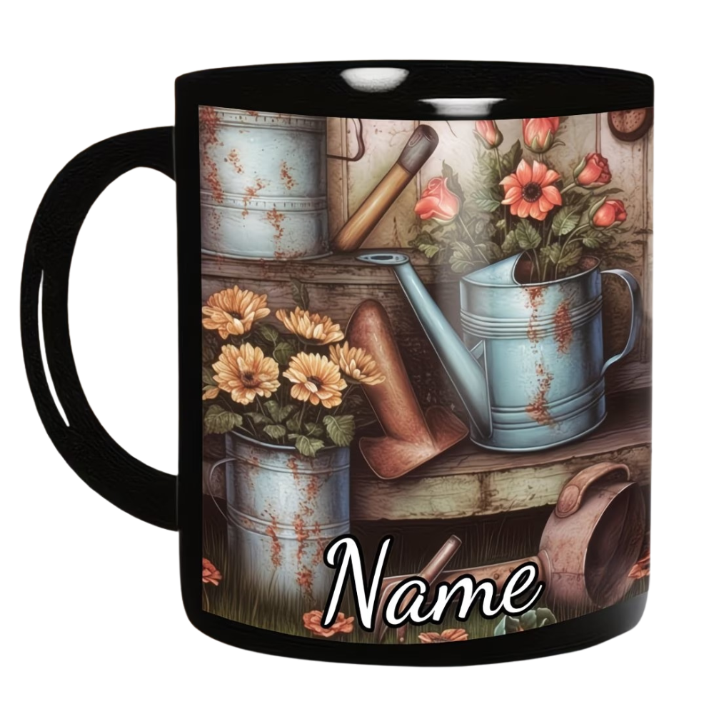 Personalized Vintage Gardening 11 Oz Coffee Mug With Floral Watering Design