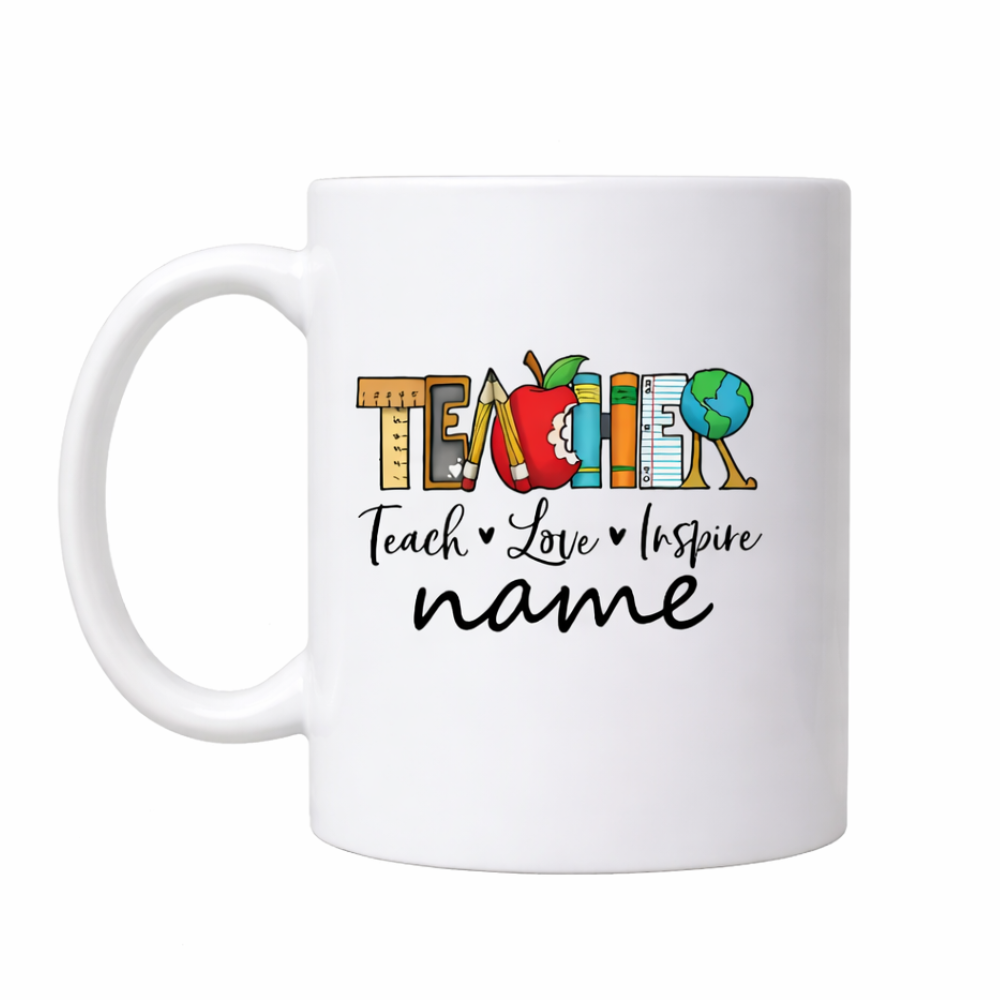 Appreciation Mug - Custom Name "TEACHER" Design with Apple & Globe, Ceramic Coffee Cup