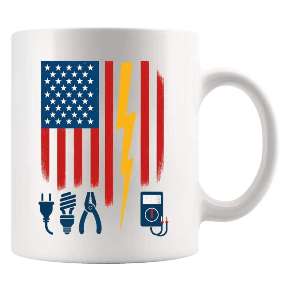 Electrician Themed With American Flag Printed Coffee Mug