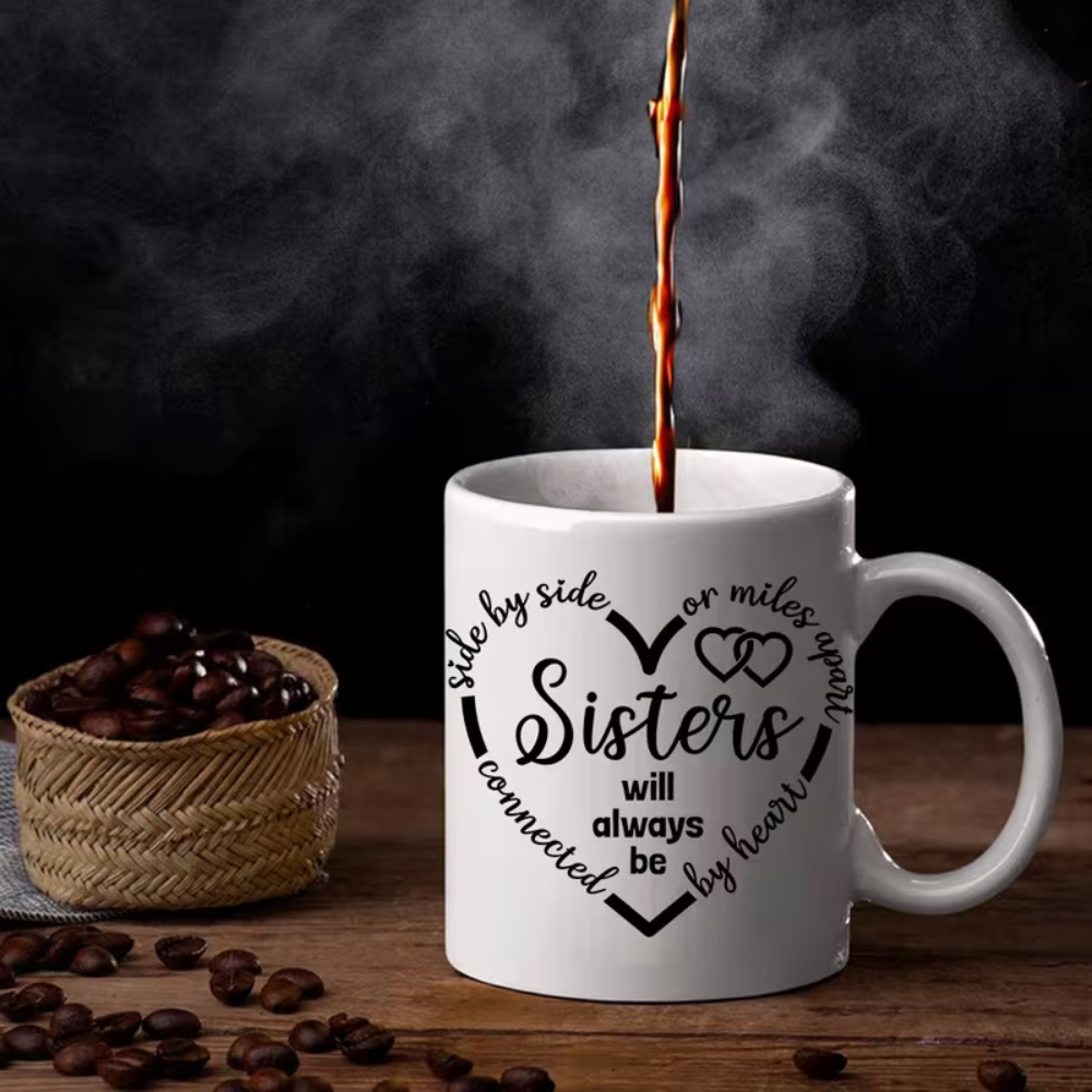 11oz Sisters Connected by Heart Mug - Heart-Shaped Bond Gift for Female