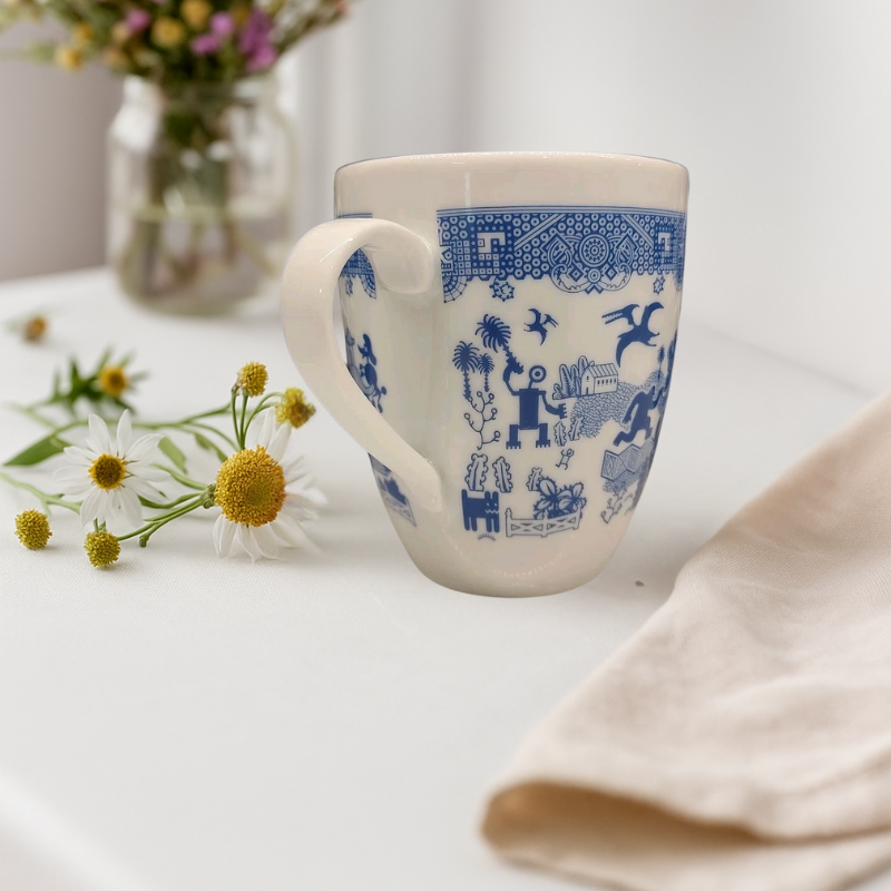 Blue Porcelain Mug Asian Motif Graphic Vintage Style-Mineral Mug