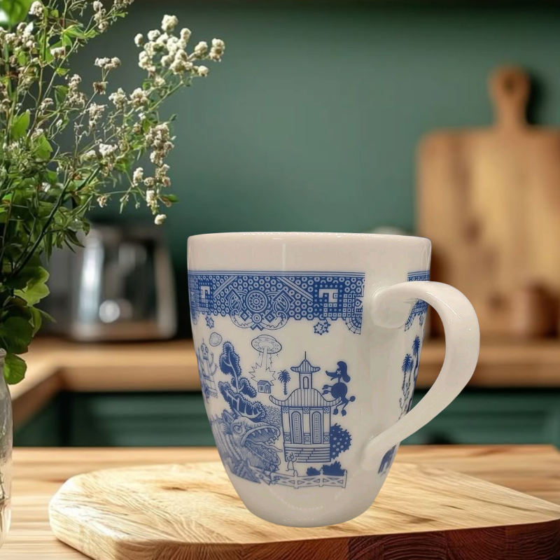 Blue Porcelain Mug Asian Motif Graphic Vintage Style-Mineral Mug