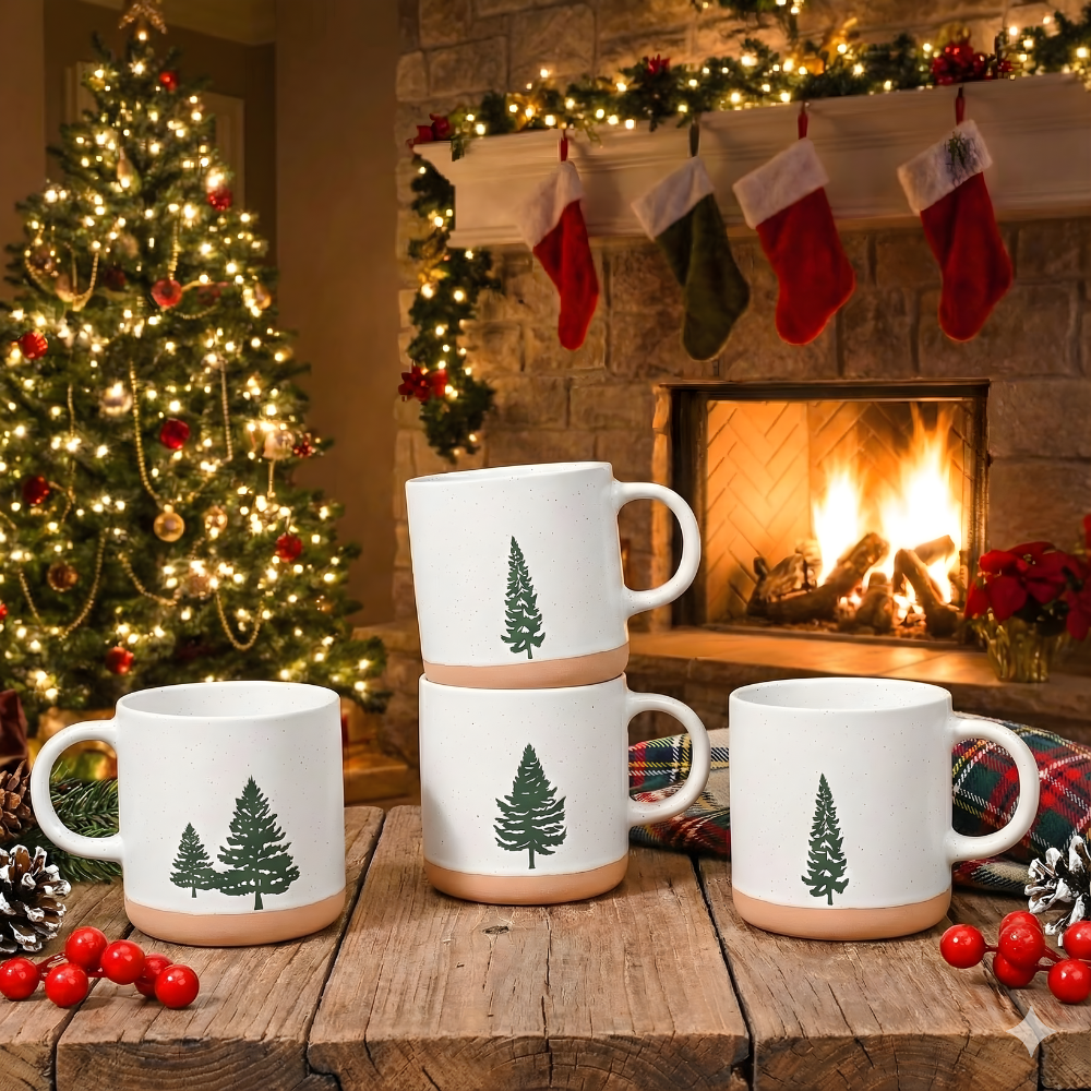 Seasonal Ceramic Evergreen Pattern Mug Set