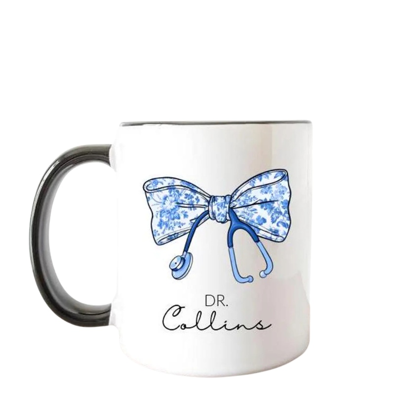 Personalized Doctor Name Coffee Mug With Bow Stethoscope Print