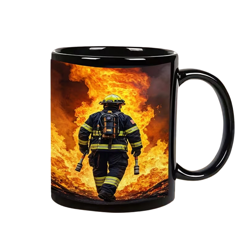 Firefighter Mug with Bold Firefighter Charging into Flames Design