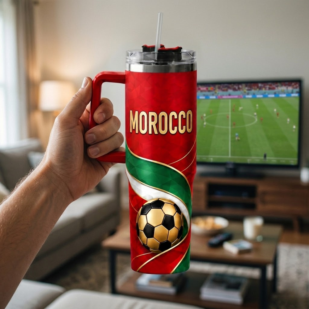 FIFA 2026 Morocco Football Sports All Over Printed 40oz Tumbler With Straw And Lid