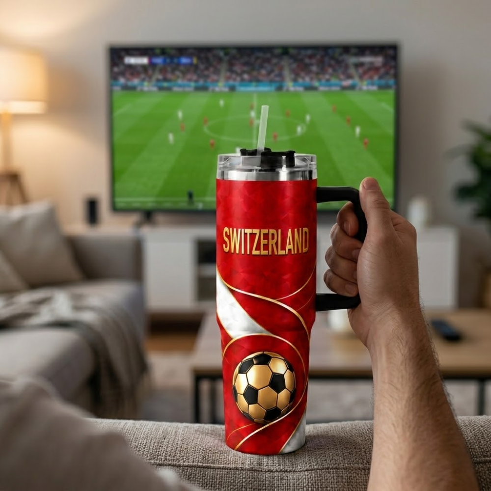FIFA 2026 Switzerland Football Sports All Over Printed 40oz Tumbler With Straw And Lid