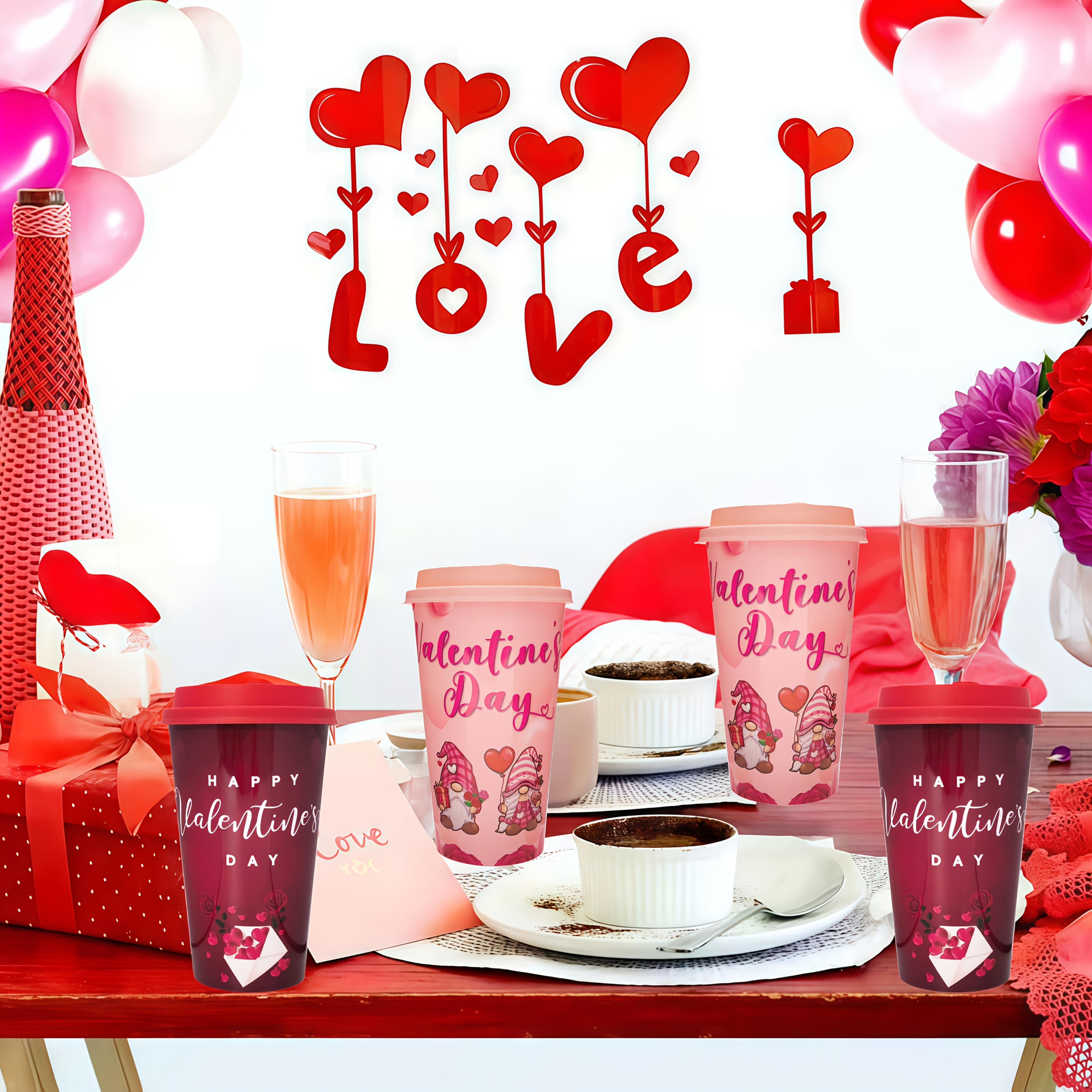 Valentine Themed Cups 12 Piece Set With Lids And Straw