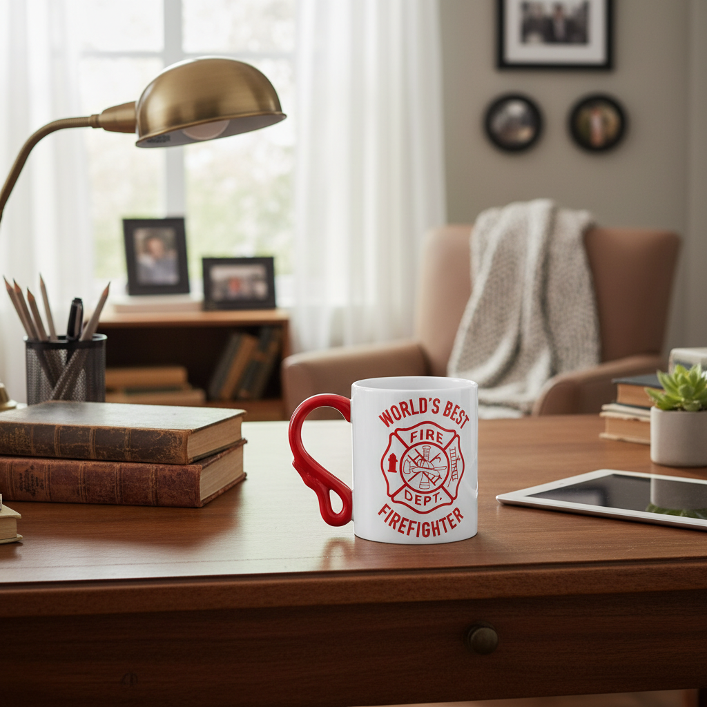 Fire Dept Printed 12 Oz Coffee Mug With Novelty Hose Shaped Handle 
