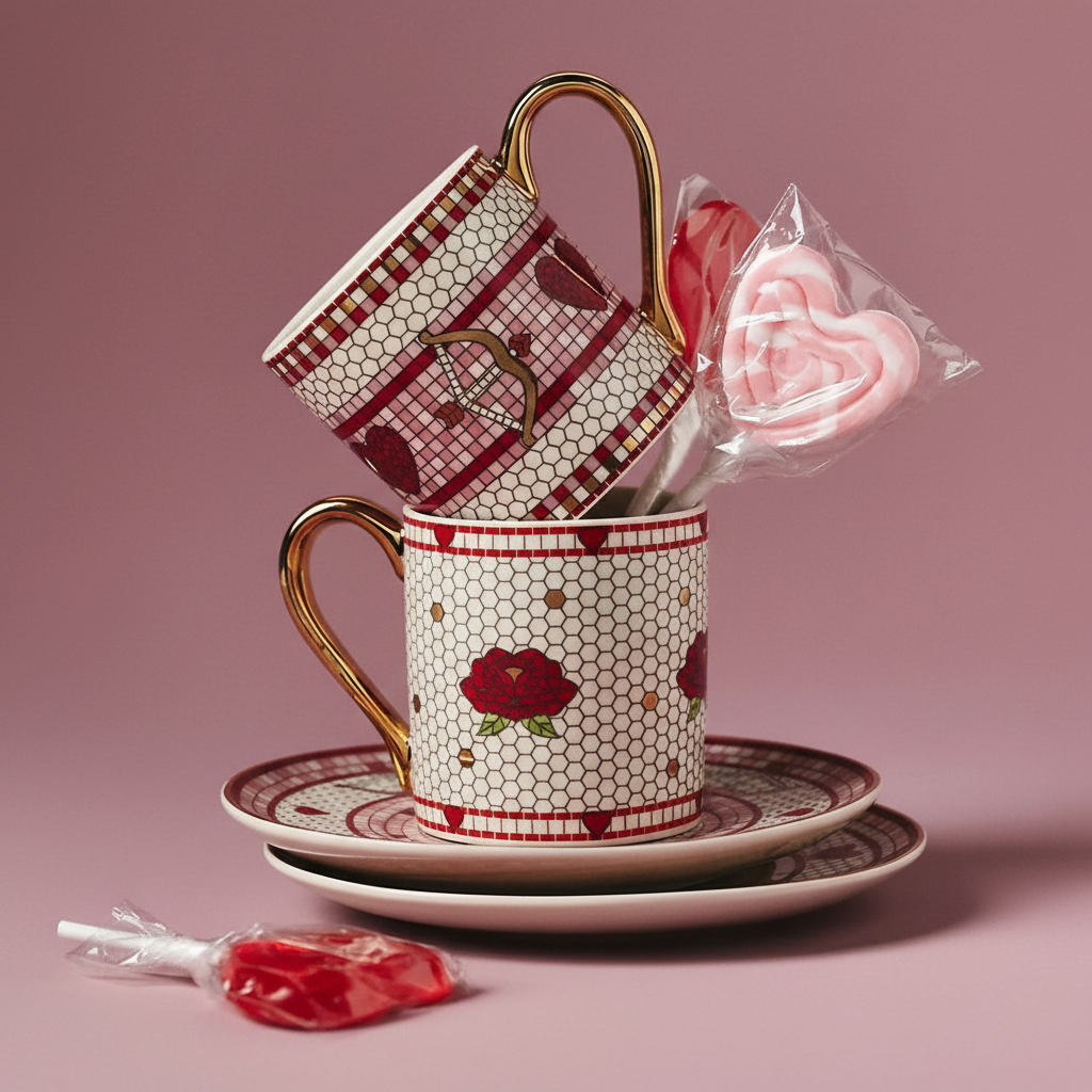 Valentines Themed Tile Design Cup And Saucer Set