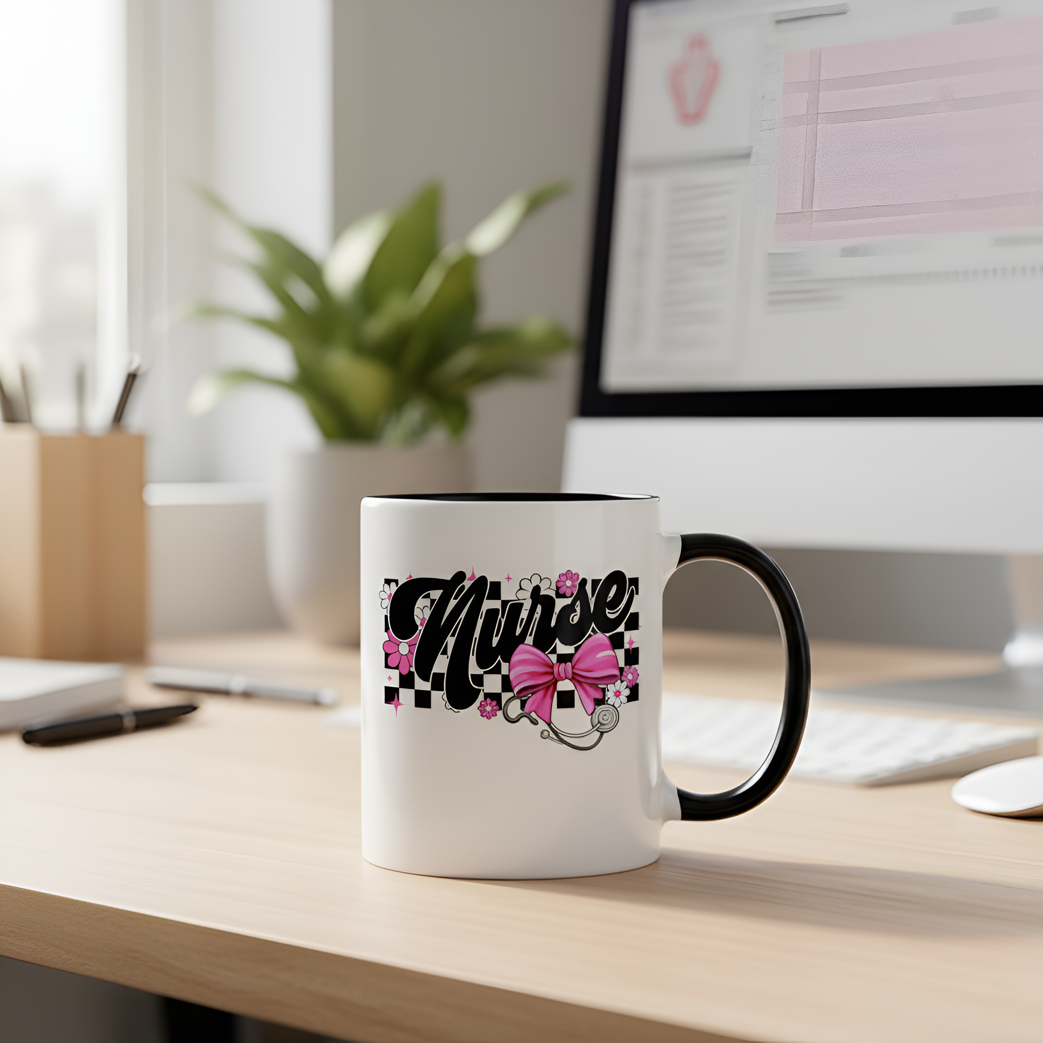 Nurse Text Printed 12 Oz Coffee Mug With Floral Bow Design 