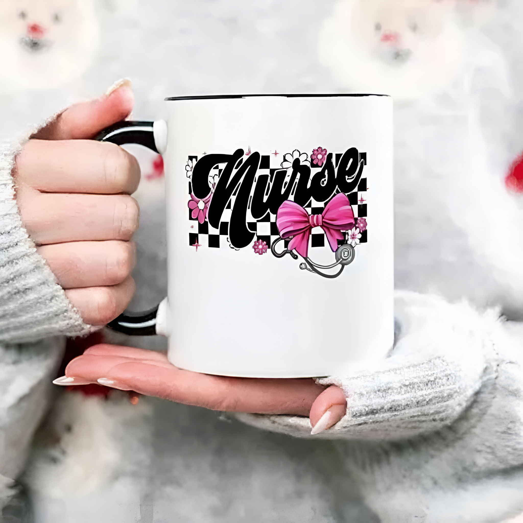 Nurse Text Printed 12 Oz Coffee Mug With Floral Bow Design 
