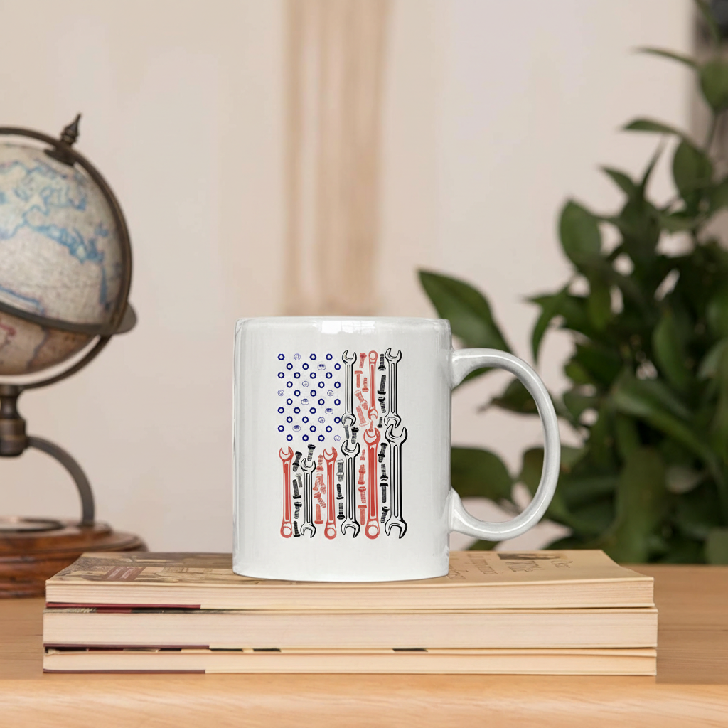 American Flag Mechanic Gift Coffee Mug Car Lover Patriotic Cup
