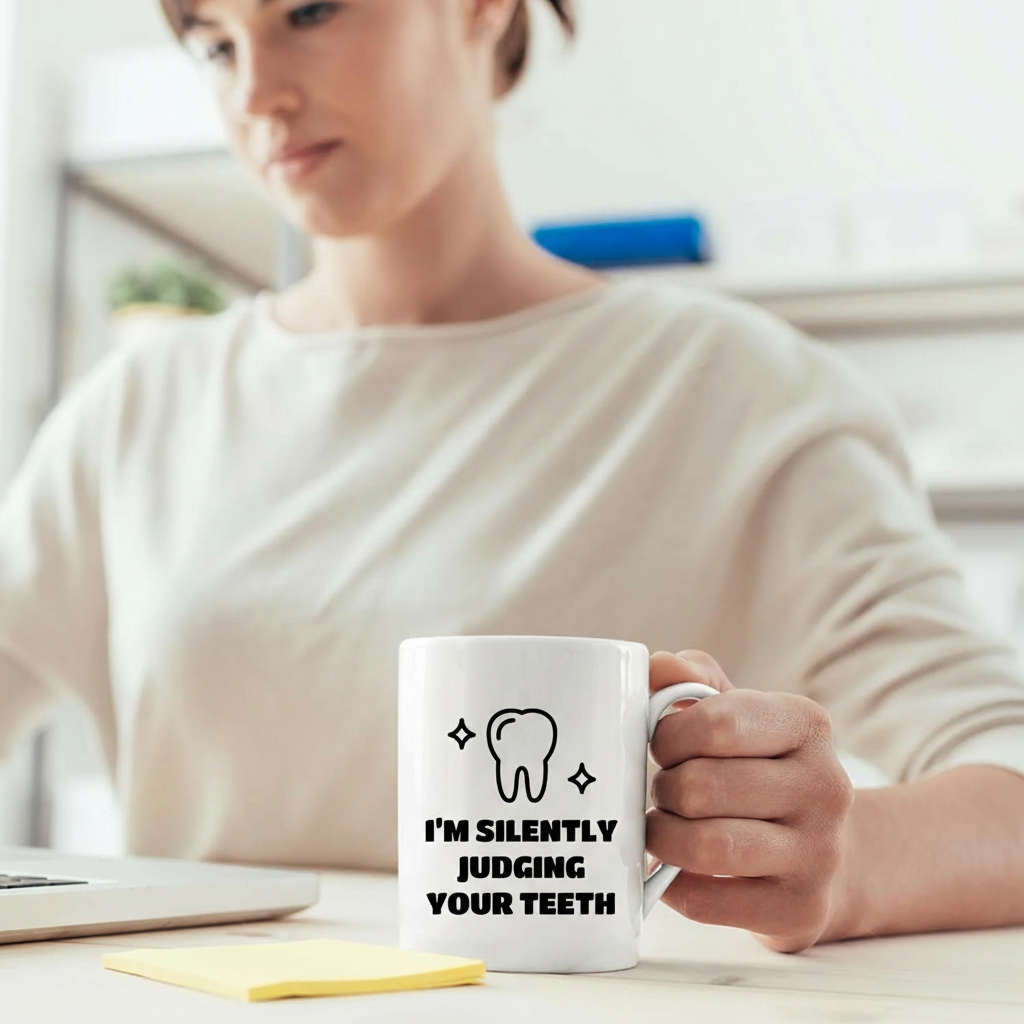 unny Dentist Gift Coffee Mug I Am Silently Judging Your Teeth Dental Humor Appreciation Cup
