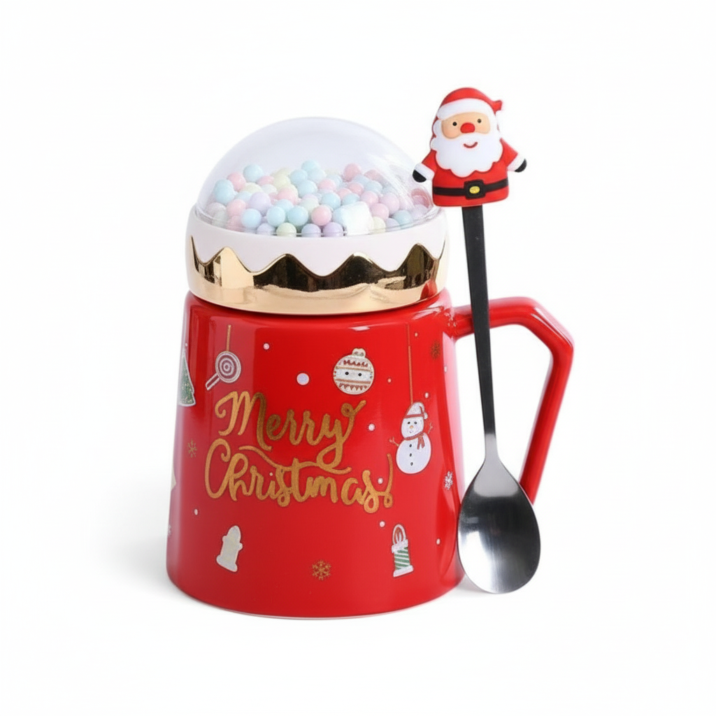 Christmas Mugs With Lid And Santa Claus Spoon 