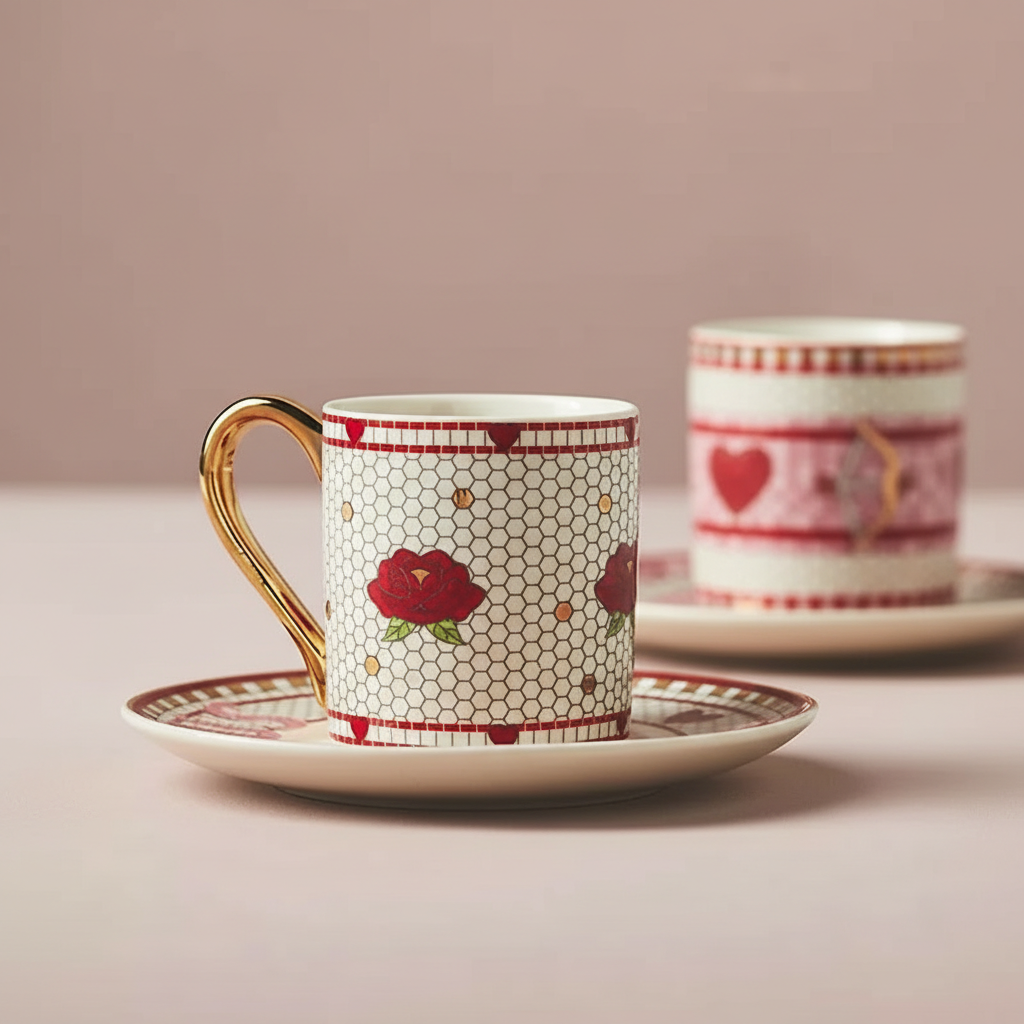 Valentines Themed Tile Design Cup And Saucer Set