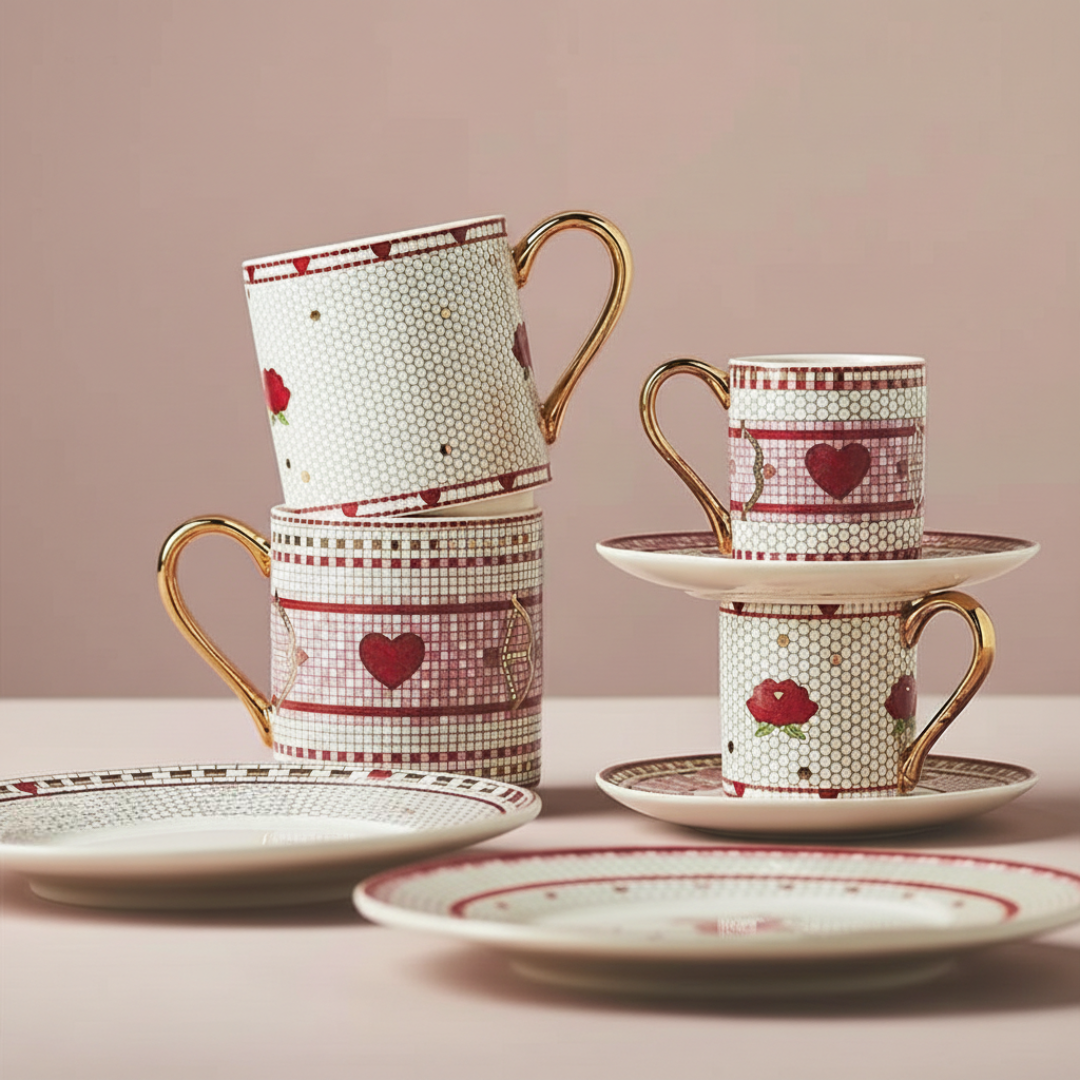 Valentines Themed Tile Design Cup And Saucer Set