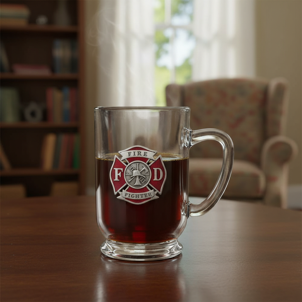 Fire Fighter Glass Coffee Mug With FD Badge Design