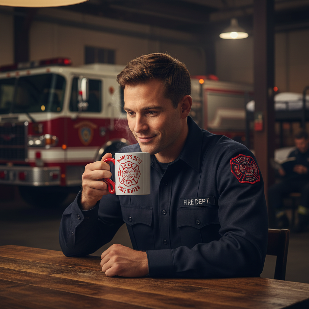 Fire Dept Printed 12 Oz Coffee Mug With Novelty Hose Shaped Handle 