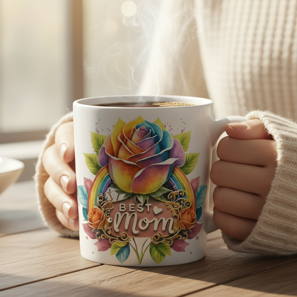  Ceramic Coffee Mug For Mom With Rainbow Rose Design 