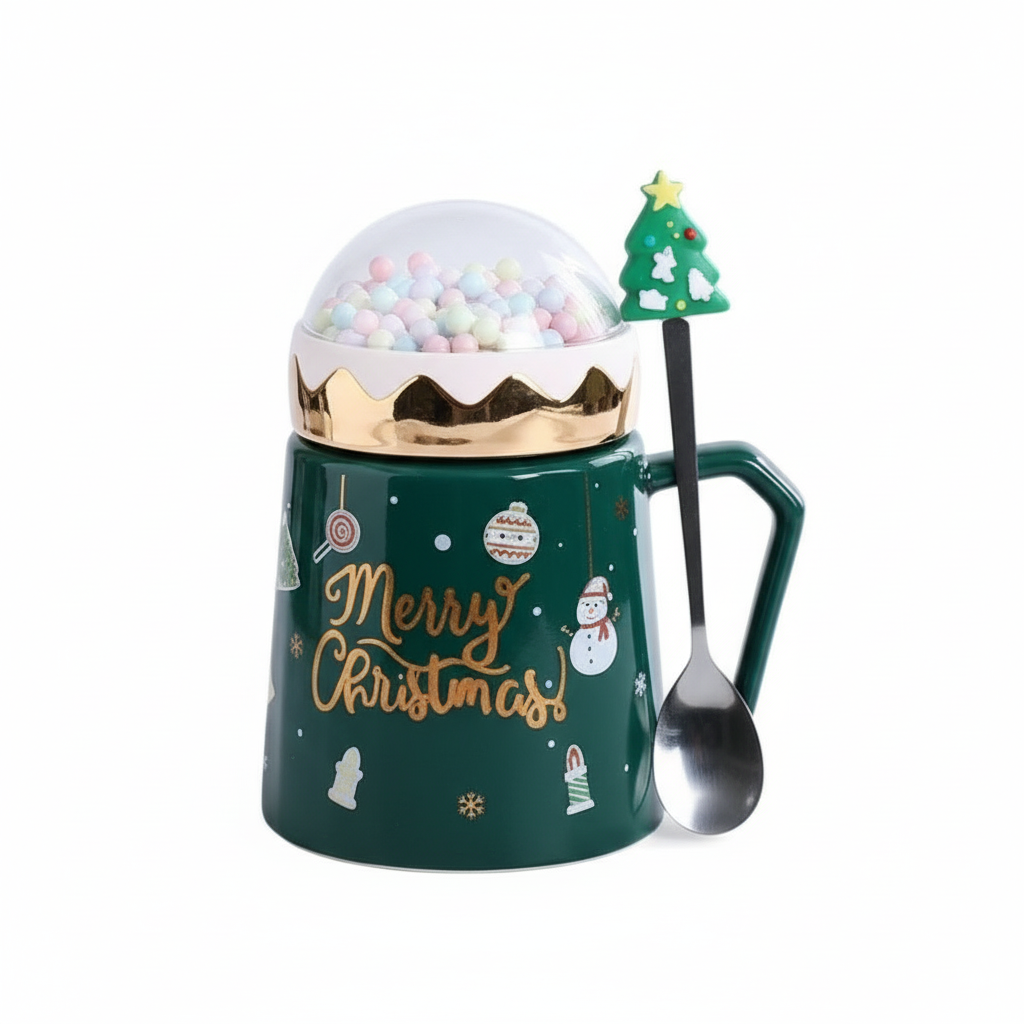 Christmas Mugs With Lid And Santa Claus Spoon 