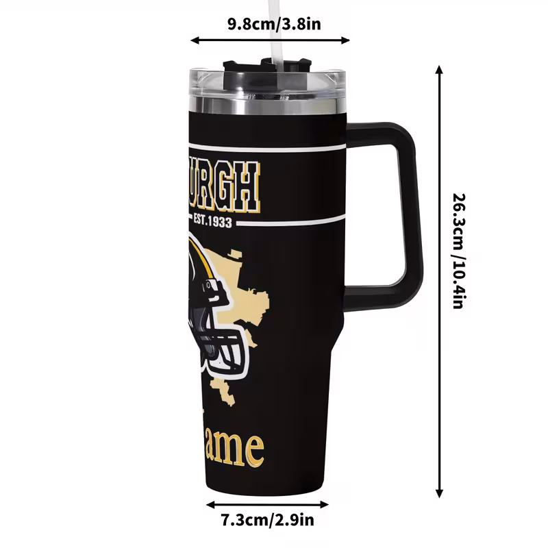 customizable pittsburgh football 40oz vacuum insulated cup with lid and straw personalized name car cup hand wash only reusable travel coffee cup water bottle car office home for fans 5