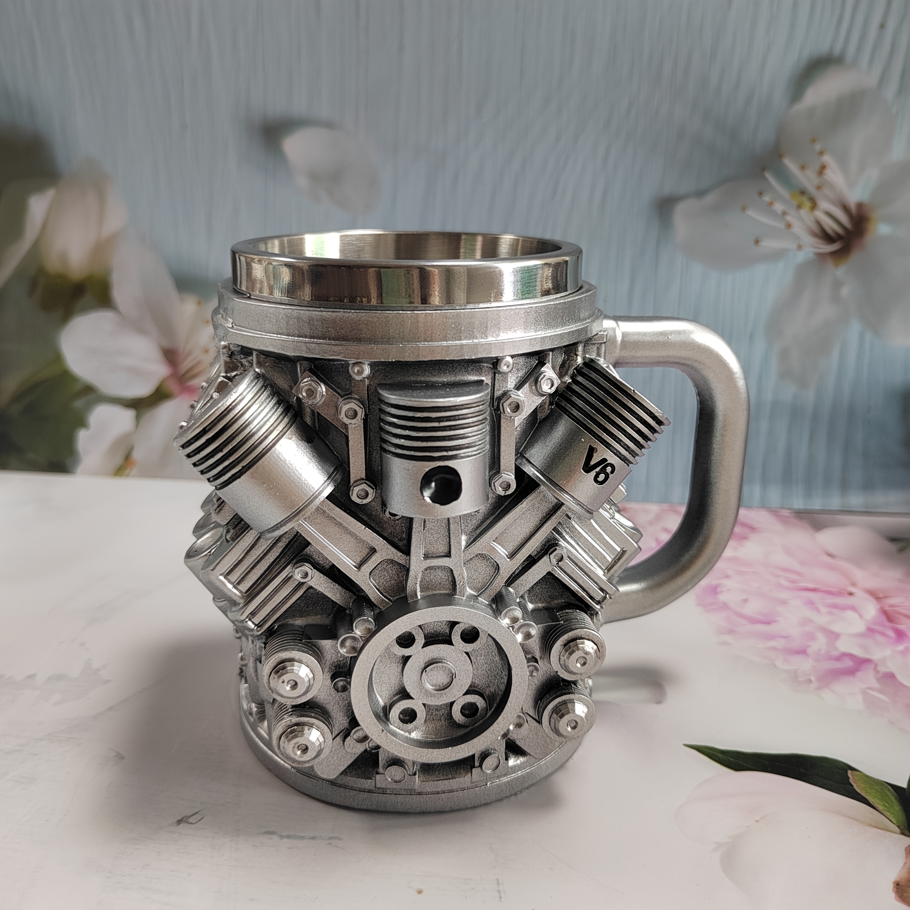 1pc Stainless Steel Engine Design Coffee Mug Featuring V8 And V6 Engine