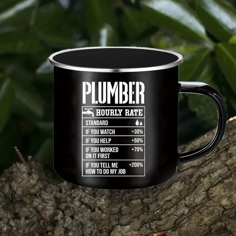 12oz Black Enamel Plumbers Coffee Mug With Funny Hourly Rate Design