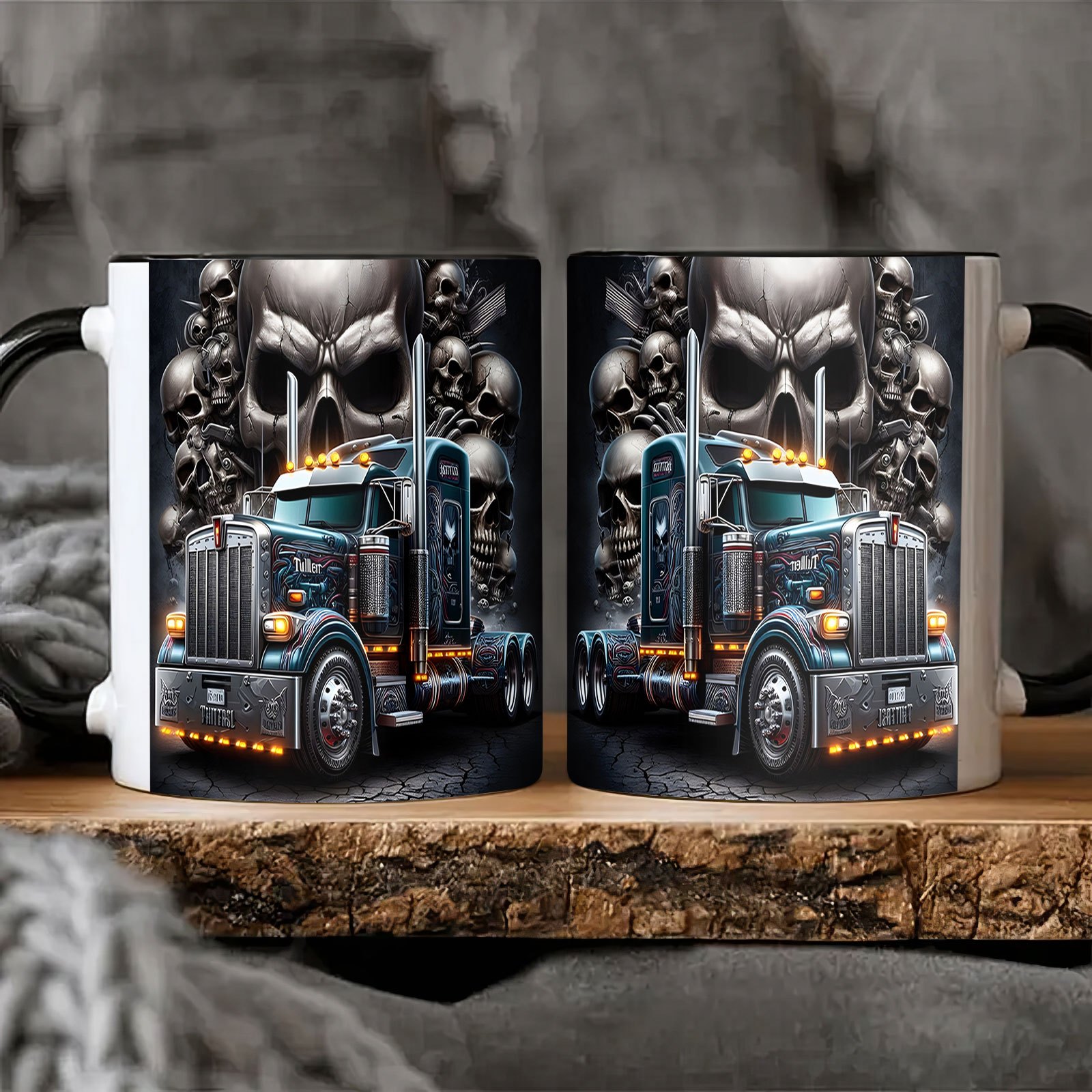 Coffee Mug Skull and Semi Truck Print Design Funny Dad Mug Fathers Day Gift