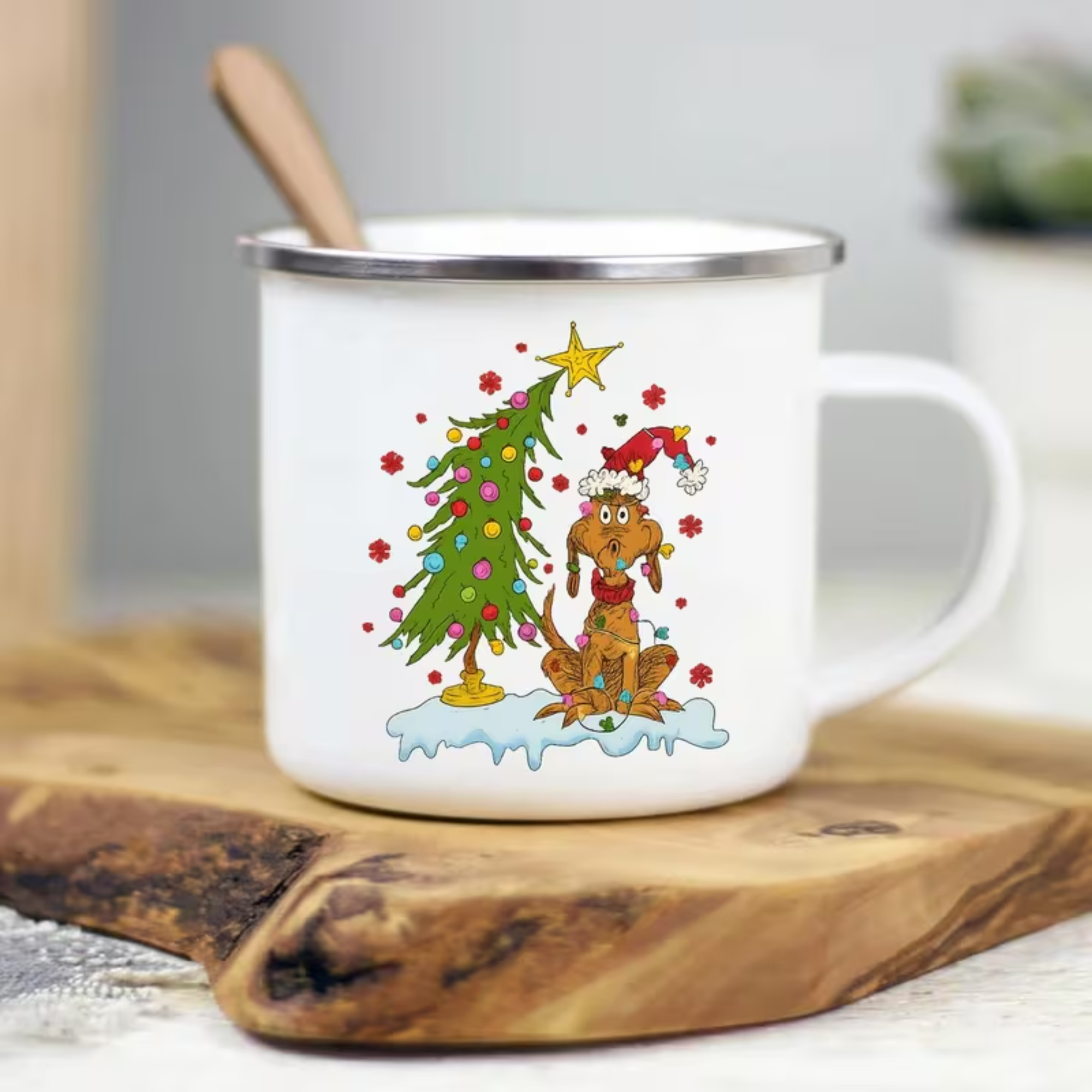 Christmas Puppy Enamel Mug With Winter Scene
