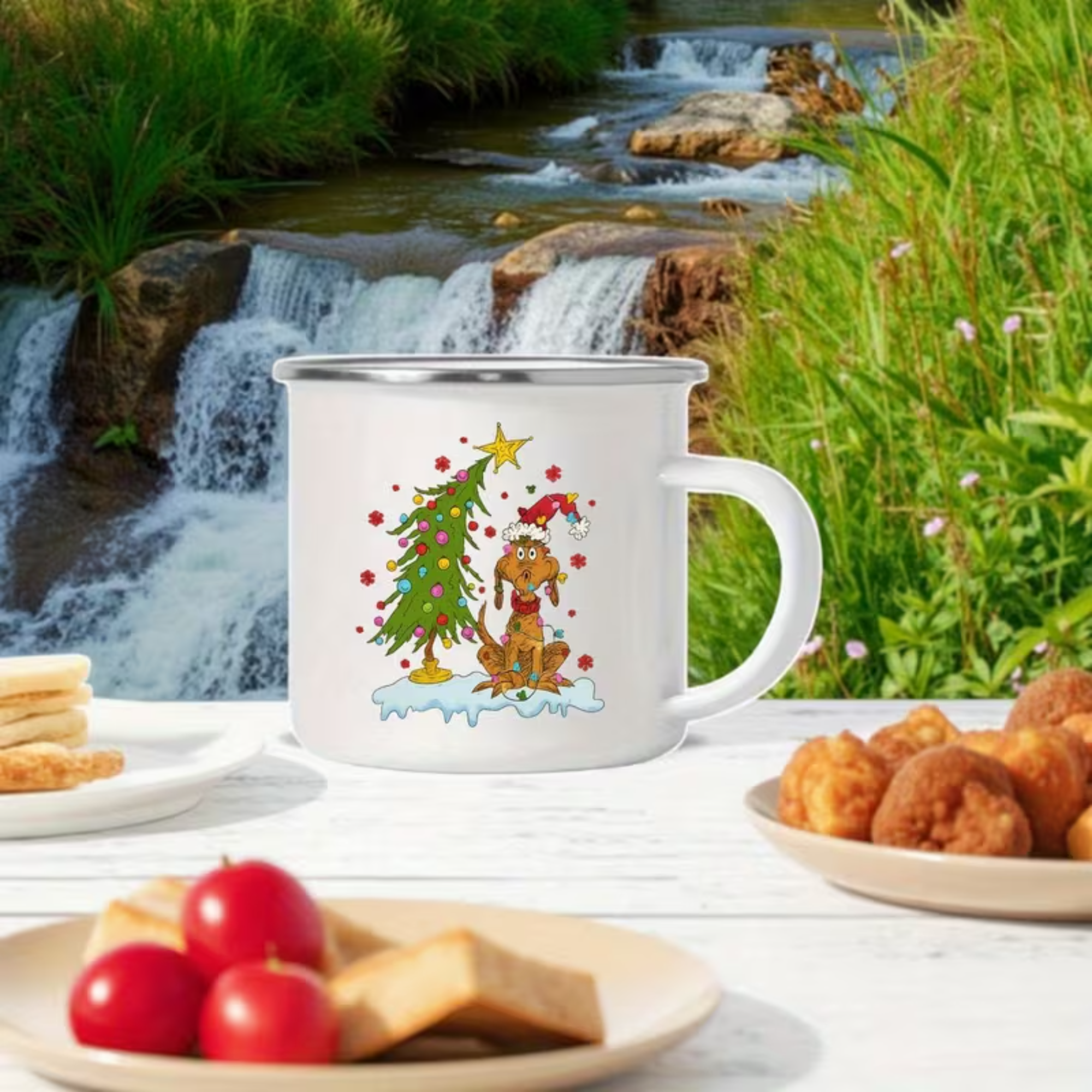 Christmas Puppy Enamel Mug With Winter Scene