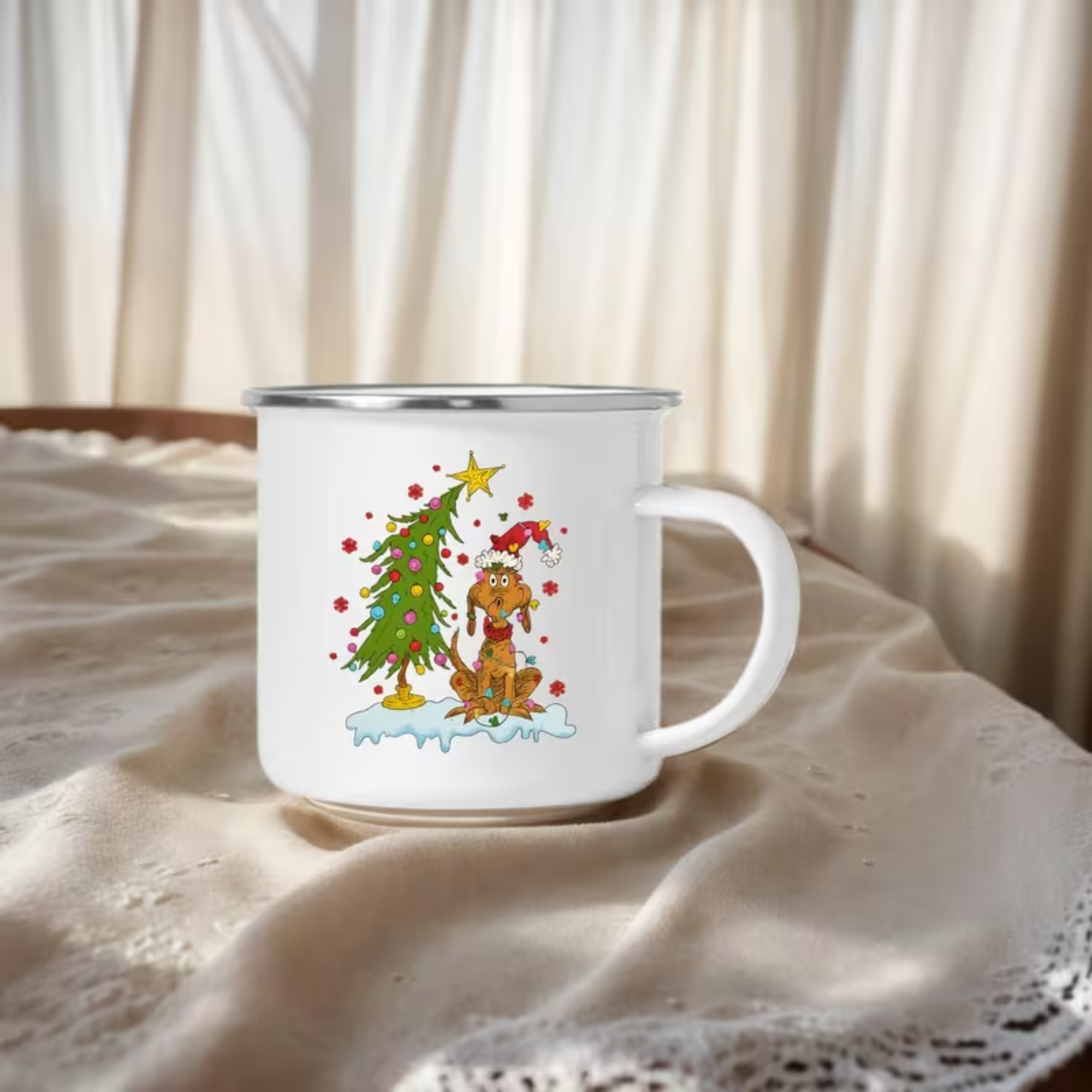 Christmas Puppy Enamel Mug With Winter Scene