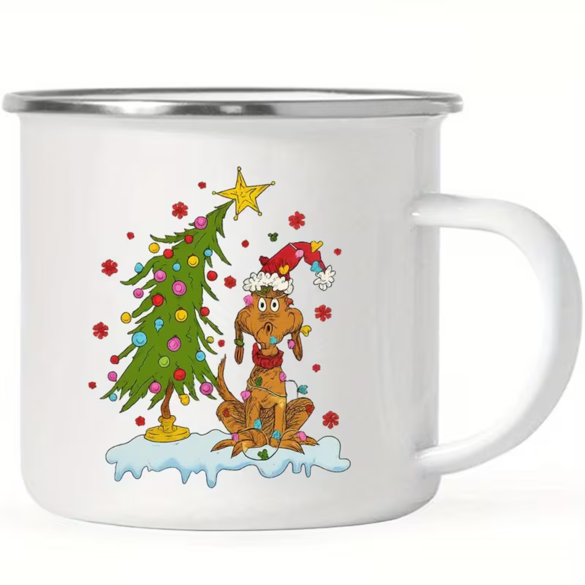 Christmas Puppy Enamel Mug With Winter Scene