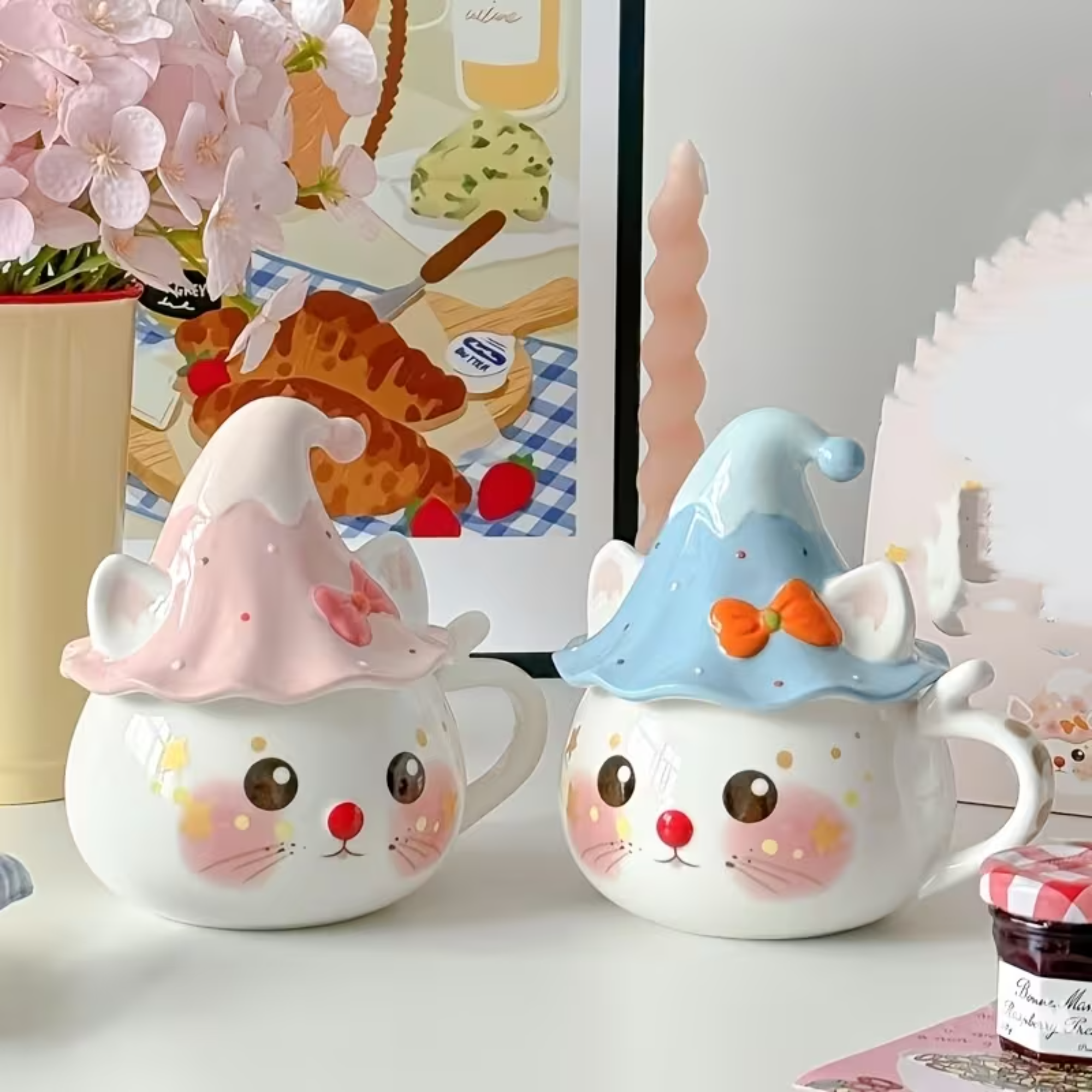 Handmade Style Cat Ceramic Mug With Lid 
