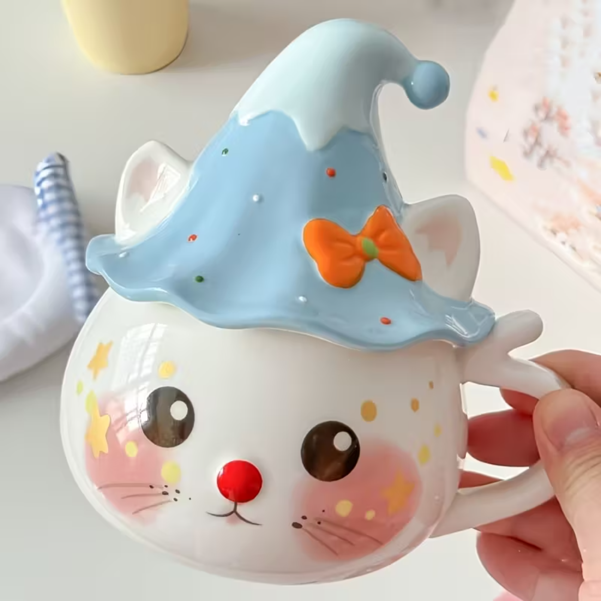 Handmade Style Cat Ceramic Mug With Lid 