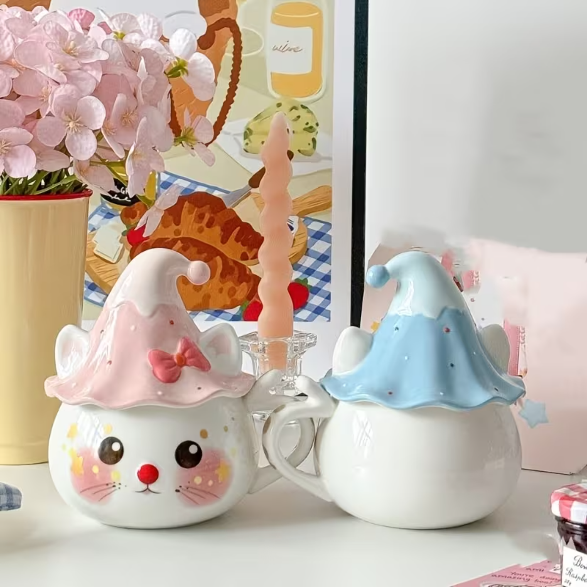 Handmade Style Cat Ceramic Mug With Lid 